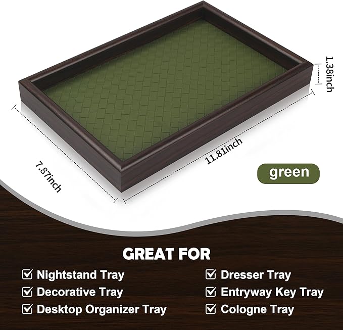 Wooden Valet Tray with Leather Base - Nightstand Catchall Organizer for Cologne, Perfume, Keys, Wallet, Phone, Watch, Jewelry & Sunglasses (Green)