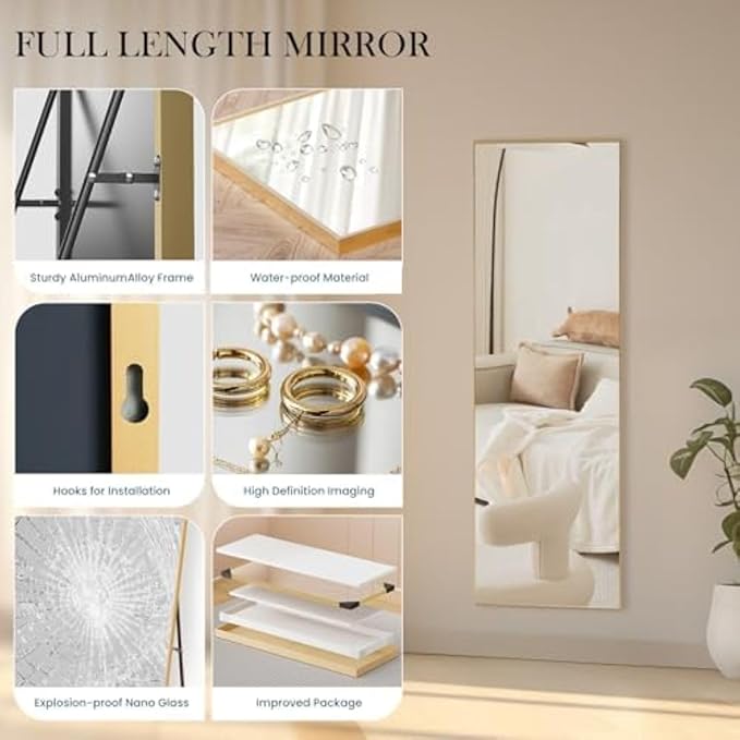 NEWBULIG 59"x16" Full Length Mirror, Full Body Floor Mirror with Aluminum Alloy Thin Frame, Wall or Standing Mirror for Bedroom, Living Room, Dressing Room, Gold-Rect