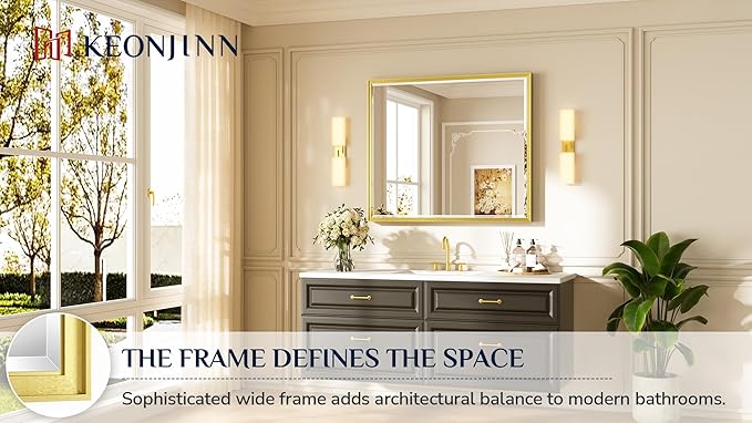 Keonjinn 42" x 36" Gold Mirrors for Bathroom Sink, Brushed Gold Bathroom Vanity Mirror, Beveled Tempered Glass, Aluminum Alloy Frame, Rustproof, Large Rectangle Wall Mirror for Decor, Modern Farmhouse
