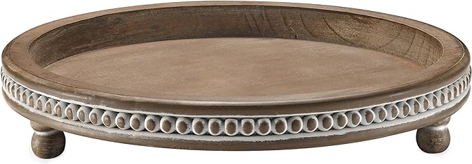 Handmade 12 Inch Decorative Tray, Small Beaded Tray Coffee Table Decor, Warm Brown Round Wooden Tray for Coffee Table, Dining Room Table Entryway and Living Room Table
