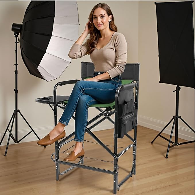 Outvita 31" Tall Directors Chair Height Seat Folding with Side Table Storage Bag, Support for 300Lbs Portable Makeup Artist Chair with Bar Height(Dark Green/Black)