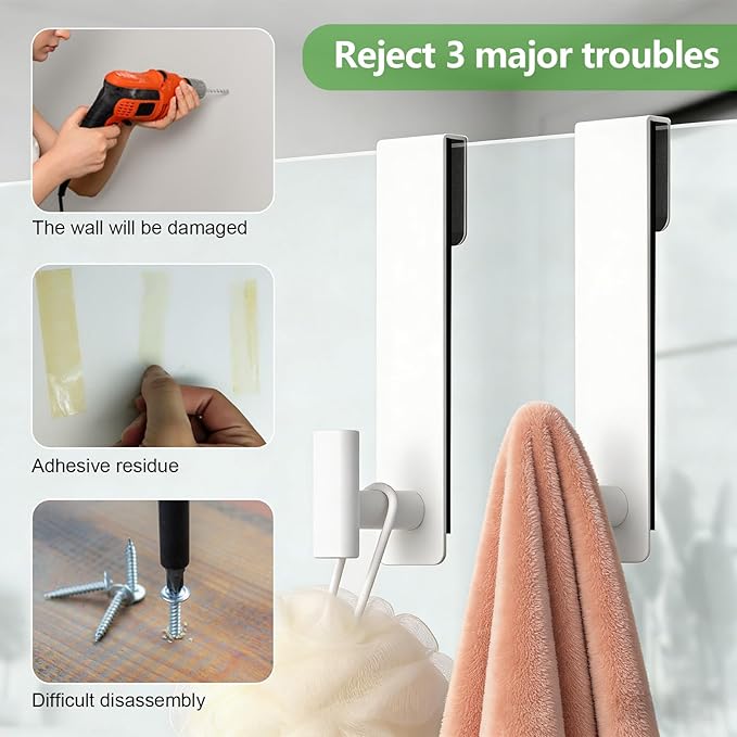 HUFEEOH 2-Pack Over The Door Hooks, Stainless Steel Door Hanger for Towels & Coats, Bathroom Towel Rack Coat Rack, Tool-Free Hooks for Hanging (White, Fits 3/8" Thick Door - T Shape 2 Pack)