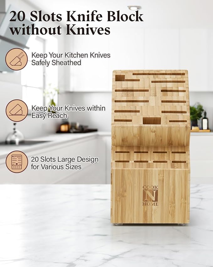 Cook N Home Basics,Bamboo Cutlery Block without Knives, Universal Knife Holder Countertop Butcher Block Knife Stand for Easy Kitchen Storage, 20-Slot