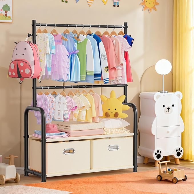 Kids Clothes Rack with 2 Tier Storage Racks and 2 Adjustable Hanging Poles, Small Baby Closet Organizer for Hanging Clothes, Kids Dress Up Rack (Upgrad, Black)