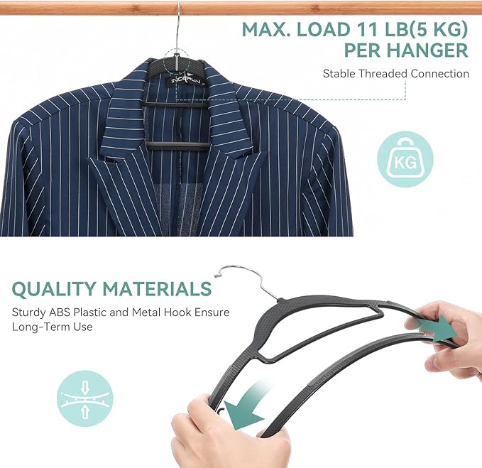 NCXTKJ Coat Hangers 50 Pack, Plastic Clothes Hangers Non Slip with Rubber Grip, Heavy Duty Hanger with 360° Swivel Metal Hook, Ultra Thin Hangers Space Saving for Closet Organizer, Black and Dark Gray