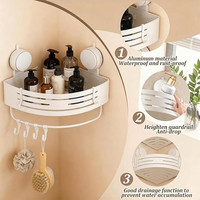 No-Drilling Corner Suction Cup Shower Caddy(1-Pack Cream White),Rust-Proof and Durable Bathroom Organizer with Towel Bar & Hooks,Modern Large-Capacity Wall-Mounted Shower Shelf