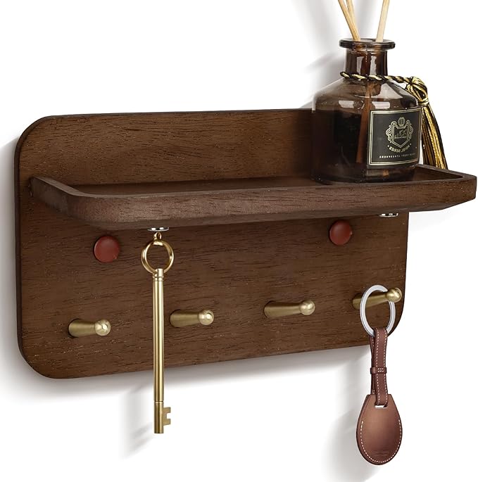 Key Holder Wall Mount, Solid Wood Key Holder for Wall with 4 Brass Hooks & Hidden Magnets, 15° Incline Hooks & Grooved Design to Prevent Slipping, Vintage Brown Key Hanger
