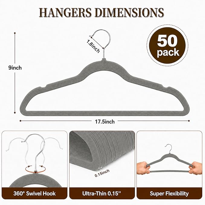 Velvet Hangers 50 Pack, Non Slip Clothes Hangers with Shoulder Notches, Slim Felt Hanger with 360° Swivel Hook, Space-Saving, for Coat, Shirt, Pants, Dress, Suits, Gray