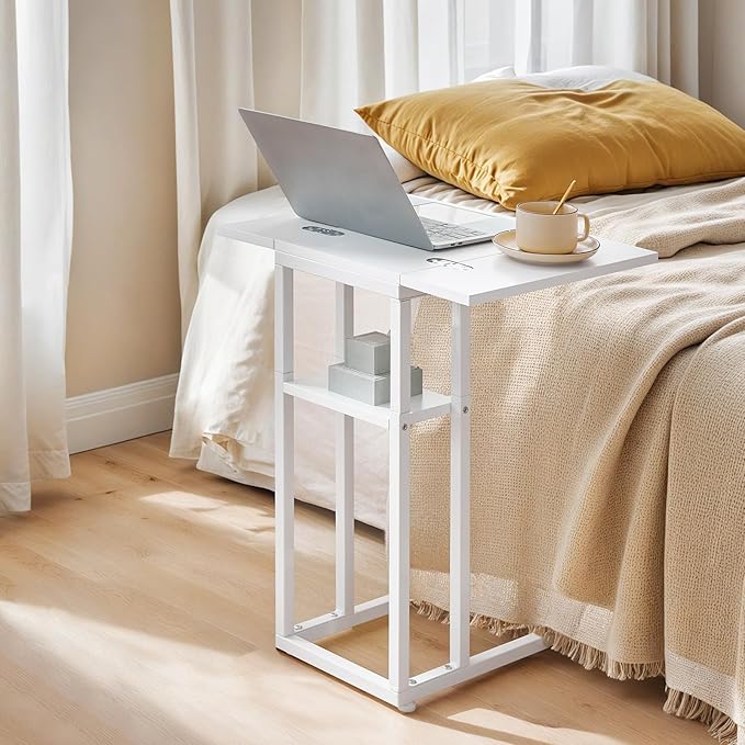 HOOBRO Foldable C Shaped End Table, C Shaped Side Table with Storage Shelf, Small Snack Table, Slide Under Couch Table for Sofa, Living Room Bedroom Small Spaces Easy Assembly, White WW29SF01