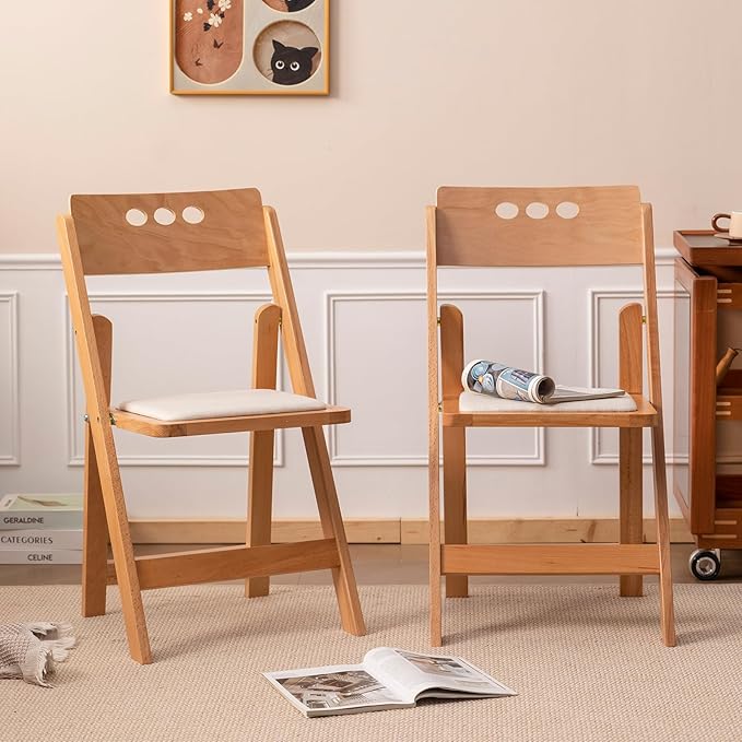 Wooden Folding Chair with Soft Cushion, Simple and Stylish, Comfortable and Durable, Suitable for Weddings, banquets and Events, 2 Sets, high backrest Natural，Linen pad