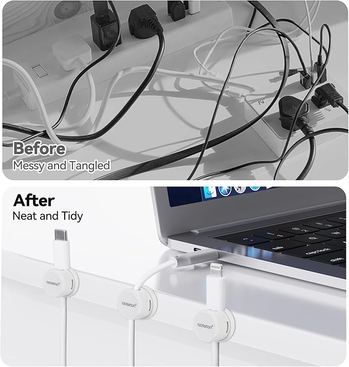aceyoon 8 Pack Magnetic Cable Clips Cord Holder, Desk Cable Management [1s Lock] Rotatable Spring Cable Clips Adhesive Wire Management for USB Charger Cord, Nightstand, Car, Office, Home (White)