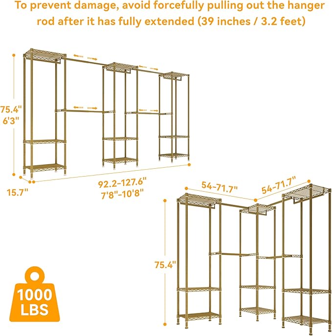 Higeego Large Clothes Rack, Clothing Rack for Hanging Clothes, Heavy Duty Garment Rack, Freestanding Wardrobe Closet with Extendable Hanger Rods, Width from 7.8 to 10.8 ft, H11 Gold
