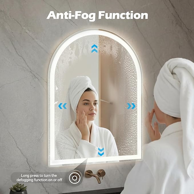 Sweetcrispy 24"×36" LED Arched Bathroom Mirror with Lights, Arched Lighted Bathroom Vanity Mirror with Anti-Fog, Dimmable, 3-Color Light, Memory Function, Tempered Glass