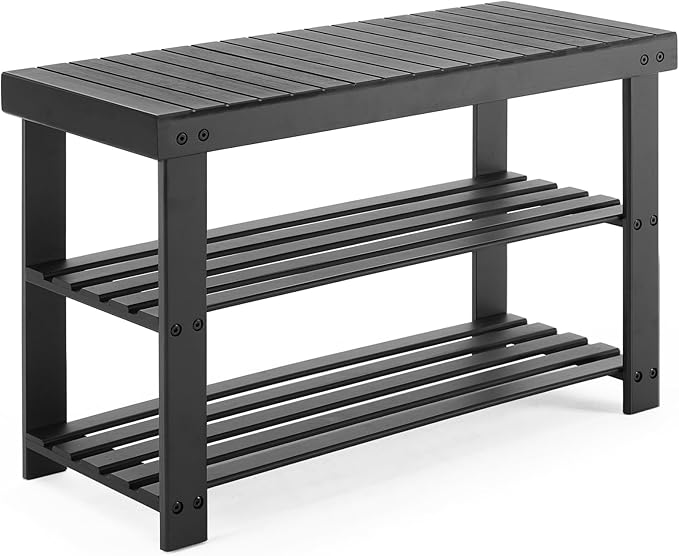 NEWBULIG Shoe Rack Bench, 3-Tier Bamboo Shoe Organizer, Wooden Entryway Storage Bench, 286 lb Load Capacity, 11.2x27.6x17.9 Inches, for Entryway Bathroom Bedroom Balcony, Black
