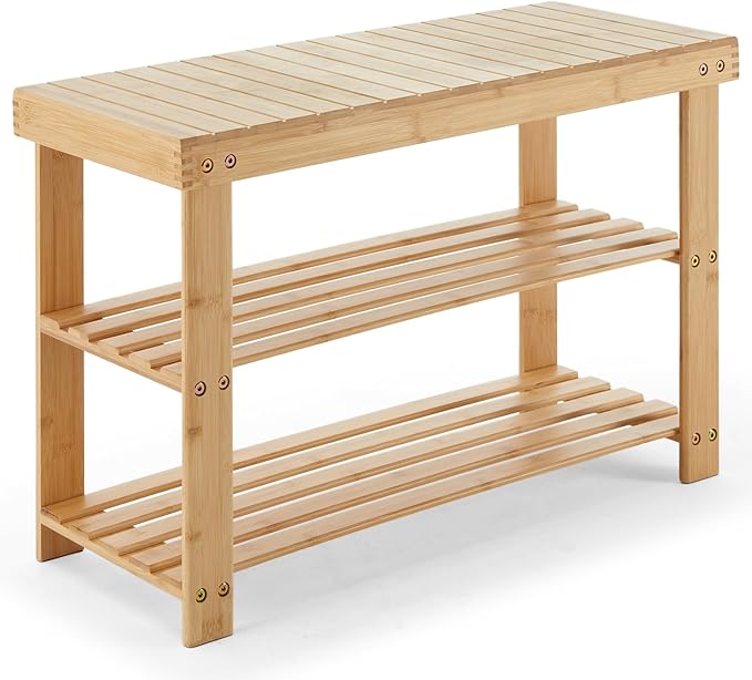 NEWBULIG Shoe Rack Bench, 3-Tier Bamboo Shoe Organizer, Wooden Entryway Storage Bench, 286 lb Load Capacity, 11.2x27.6x17.9 Inches, for Entryway Bathroom Bedroom Balcony, Wood