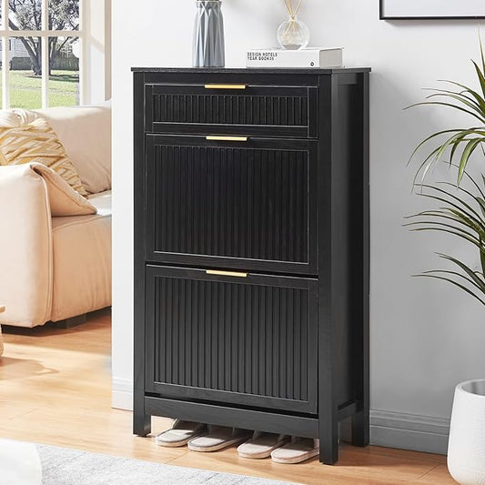 2 Flip Drawers Shoe Cabinet Storage for Entryway, Narrow Hidden Shoes Organizer for Front Door Entrance, Free Standing Shoes Cabinet Wooden Hallway Shoe Rack(Black)