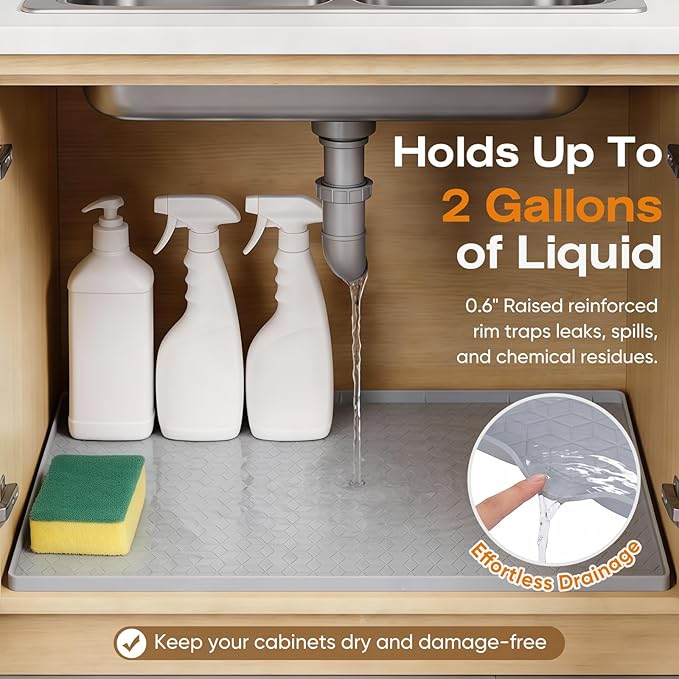TRZZ Silicone Waterproof Under Sink Mat 34" x 22", Drip Tray and Cabinet Liner for Kitchen and Bathroom, Prevents Water Damage and Organizes Cabinets (Mint Green)