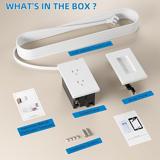 in Wall Cable Management Kit,Recessed Outlet Box for Wall Mount TV, Outlet Relocation Kit for Relocating Unreachable Electrical Outlets,2 AC Outlets,in Wall Extension Cord