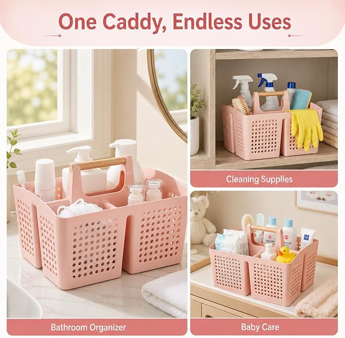 Portable Shower Caddy Basket with Wood Handle, 3-Compartment Bathroom Organizer Tote with Drain Holes, Plastic Shower Basket for Dorm, Toiletries, Cleaning Supplies, Pink