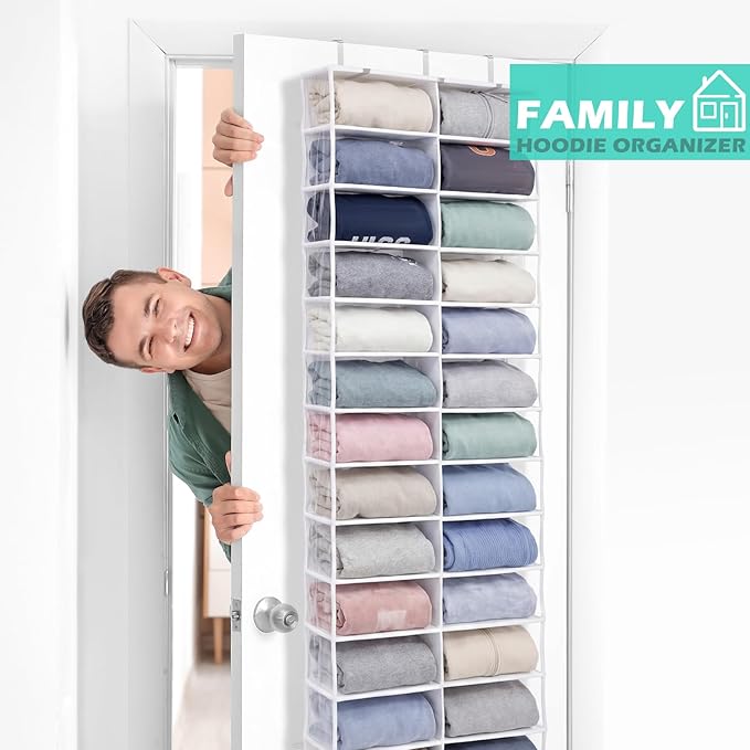 Over The Door Hoodie Organizer 26 Clear Pocket Sweatshirt Organizer with 3 Hooks Hanging Sweatshirt Hoodie Rack Holder Cabinet Behind The Doors for Dormitory Bedroom Closet Storage