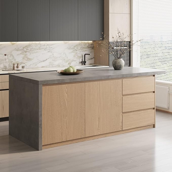 homary Kitchen Island with Storage & Wine Rack, 72" Modern Gray Kitchen Cabinet with Wood Top, Large Fixed Island with 3 Drawers & 6 Adjustable Shelves, Without Bar Stools
