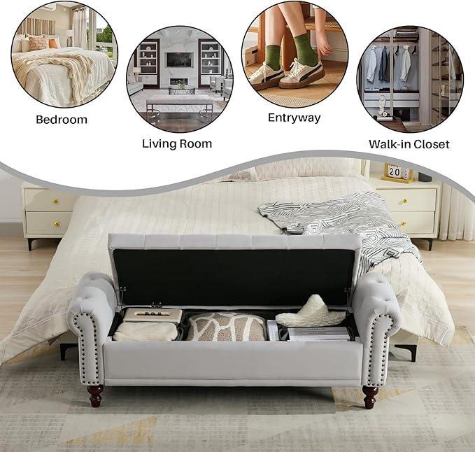SOFTHION 58.1" Storage Bench Upholstered Velvet End of Bedroom Bed Bench Ottoman with Tufted Cushioned Rolled Arm Large Storage Space for Reading Living Room Entryway, Light Grey