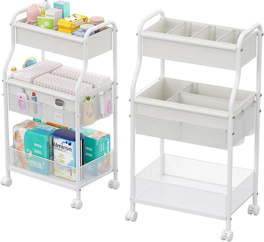 3-Tier Diaper Caddy Organizer & Rolling Cart,Metal Utility Cart with 4+2 Dividers & Lockable Silent Casters, Mobile Storage Cart for Nursery Essentials, Multi-Purpose for Kidsroom Changing Table