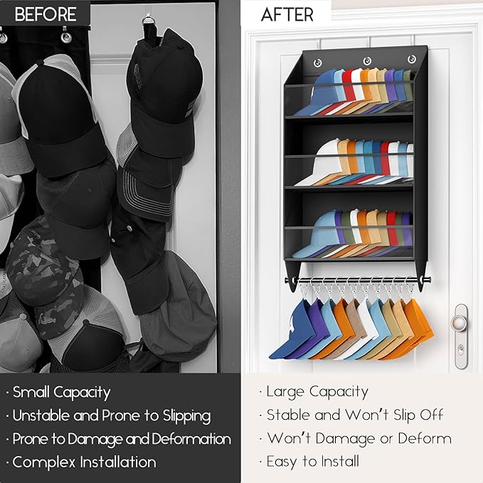 Homsorout Over the Door Hat Rack - 3-Layer Design Hat Organizer Holds 30-36 Hats with 10 Hooks, Ideal Hat Rack for Door, Over the Door Organizer for Closet, Apartment, Bedroom, Dorm, 2 Pack, Black