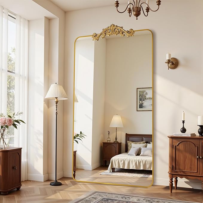 Vintage Full Length Mirror, 81"x41" Floor Mirror with Carved, Full Body Mirrors for Home Decor, Standing/Hanging Large Wall Mirrors for Bedroom/Living Room/Entryway, Gold, Retro Style
