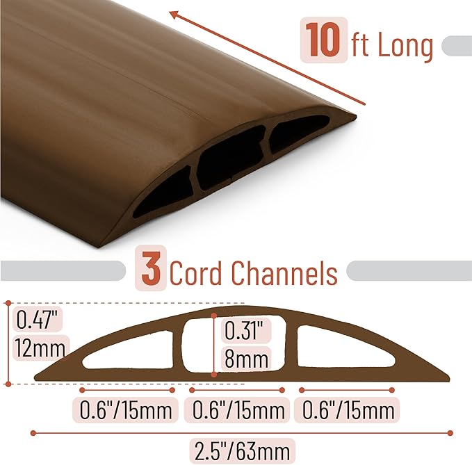 Bates- Floor Cord Cover, 10ft, Cable Cavity 0.6" (W) x 0.31" (H), Heavy Duty Wire Protector, PVC Extension Cords Hider, Protect Cords, Prevent Cable Trips, Cord Hider for Office, Home, Outdoor