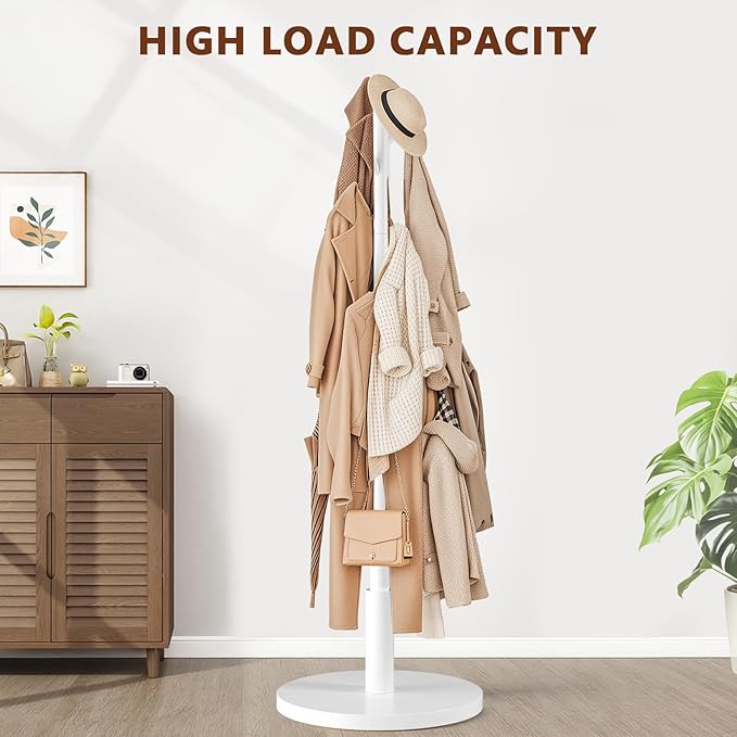 Coat Rack Freestanding Wooden Coat Tree Stand with 8 Round-tip Hooks, 3 Adjustable heights Coat Hat Rack for Entryway,Bedroom,Hallway,Office (White)