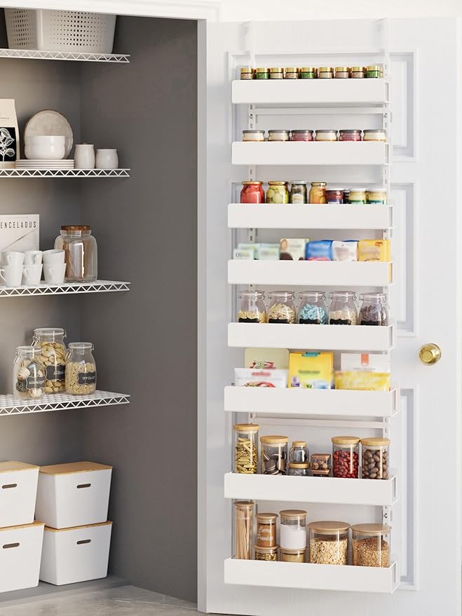 Over the Door Pantry Organizer, 8-Tier Pantry Door Organization and Storage, Hanging Door Spice Rack Metal Shelving, Seasoning Organizer, Door Organizer Home & Kitchen Bedroom Bathroom, White