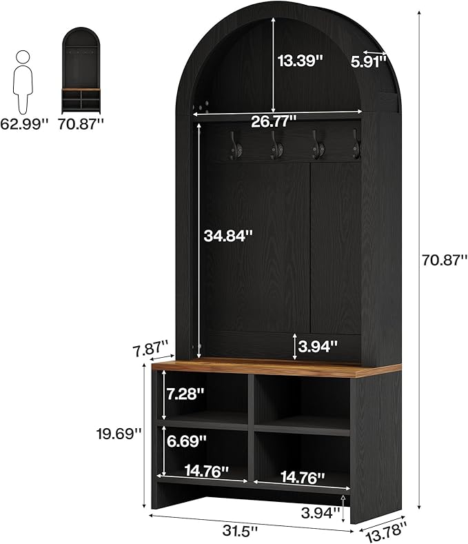 Tribesigns Arched Hall Tree with Bench and Shoe Storage, 70.87" H Tall Coat Rack with Shoe Bench, 4-in-1 Entryway Coat Rack with 4 Hooks & Storage Cubbies, for Mudroom, Hallway, Bedroom, Black＆ Brown
