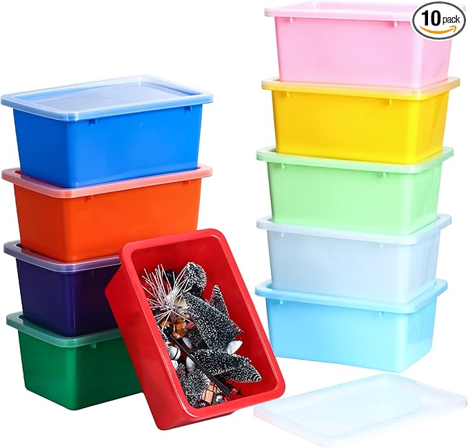 Amyhill 10 Pack Small Storage Bins with Clear Lids Multipurpose Colorful Plastic Cubby Containers Stackable Storage Toy Bins for Classroom, Nursery, Home, 11.4 x 7.5 x 4.9 Inches, 10 Colors