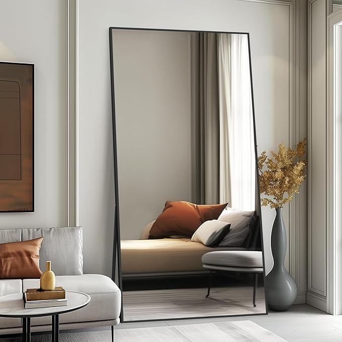 Beauty4U Full Length Mirror 76" x 34", Large Floor Mirror with Stand, Wall Mounted or Leaning, HD Tempered Glass Full Body Mirror for Bedroom, Living Room, Entryway, Black Frame