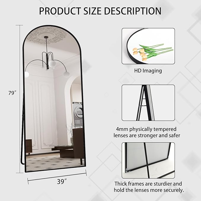 Beauty4U 79" x 39" Arched Full Length Mirror with Stand, Large Floor Mirror Full Body Tempered Glass, Black Metal Frame Standing, Leaning or Wall Mounted Mirror for Bedroom, Living Room, Dressing Room