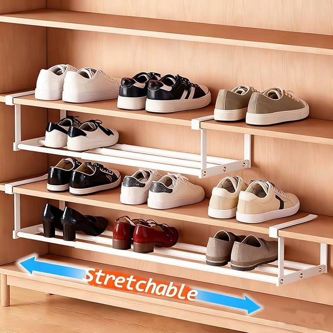 Under-Shelf Expandable Shoe Rack Organizer, White Metal, 40-70cm Width Adjustable, Cabinet Storage for Closet，Retractable Shoe Rack Organizer，Expandable（4 Pcs）