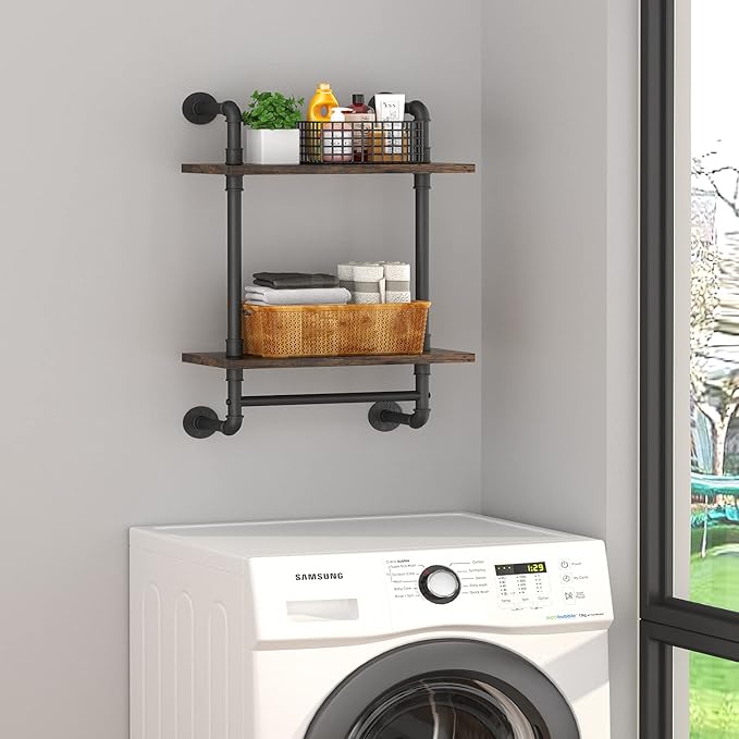 Helsin 2 Tier Industrial Pipe Floating Bathroom Shelves Wall Mounted with Towel Bar, Rustic Wood Wall Shelf, 16 Inch Metal Towel Rack Storage Bookshelf for Bathroom, Kitchen, Farmhouse, Living Room
