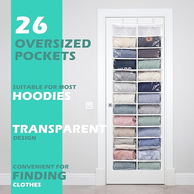 Over The Door Hoodie Organizer 26 Clear Pocket Sweatshirt Organizer with 3 Hooks Hanging Sweatshirt Hoodie Rack Holder Cabinet Behind The Doors for Dormitory Bedroom Closet Storage