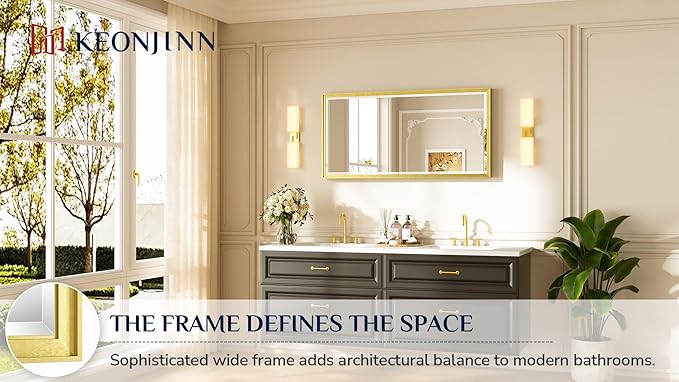 Keonjinn 48" x 24" Gold Bathroom Vanity Mirror, Brushed Gold Wall Mirrors Full Length, HD Tempered Glass with Beveled Edge, Decorative Aluminum Alloy Frame, Rectangular Mirror(Vertical/Horizontal)