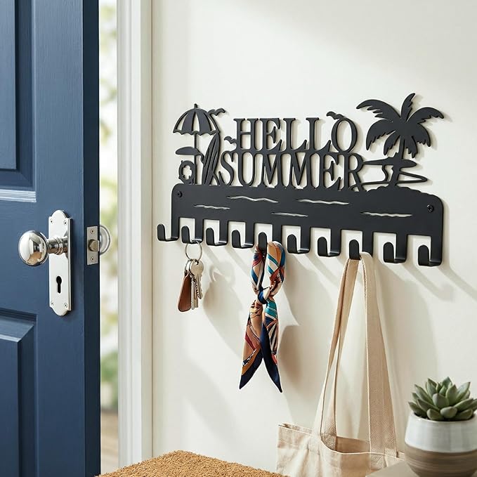 Metal Key Holder Wall Mount, Coastal Tropical Key Rack Hooks, Hello Summer Beach Wall Art Organizer for Entryway, Kitchen, Hallway, Garage, Farmhouse Home Decor & Housewarming Gift (Hello Summer)