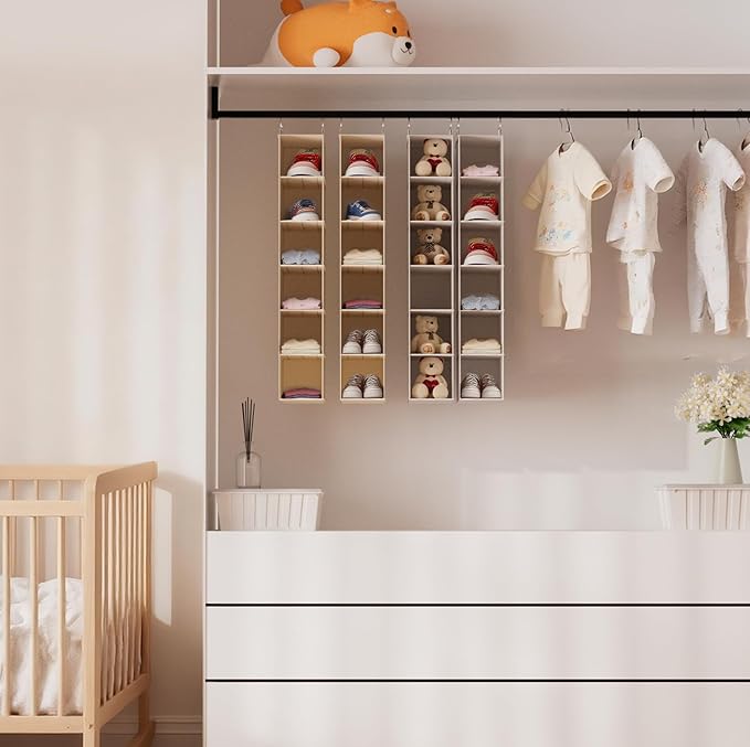 Hanging Shoe Shelves - 6 Section,Closet Organizer Set of 2 with Woven Bamboo Shelves,Slim 5.5” Wide Design for Space-Saving Storage,White