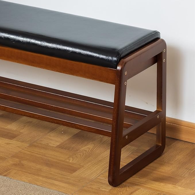 SOBIBO Shoe Bench with Storage - 2-Tier Entryway Bench, Solid Wood Shoe Rack with Cushion & Flip-Open Box, Mid-Century Modern for Hallway, Mudroom, Bedroom (Black, 21.65")
