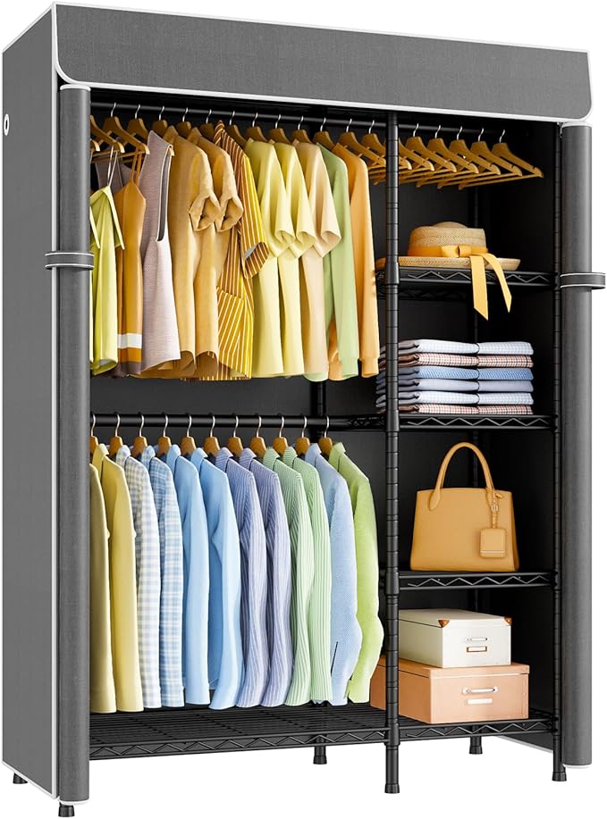 ULIFHOME F2C Clothes Rack with Cover, Clothing Racks for Hanging Clothes, Heavy Duty Garment Rack with Shelves and Hanger Rods, Black Closet with Dark Gray Cover, 47.2"W x 16.5"D x 78.3"H, Load 630lbs
