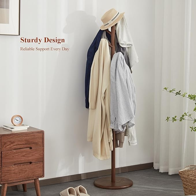Coat Rack, Solid Wood Coat Rack Freestanding with 6 Hooks, Wooden Coat Tree Freestanding for Hats, Handbags, Coat Stand for Entryway, Bedroom, Hallway - Ideal Gift (Walnut)