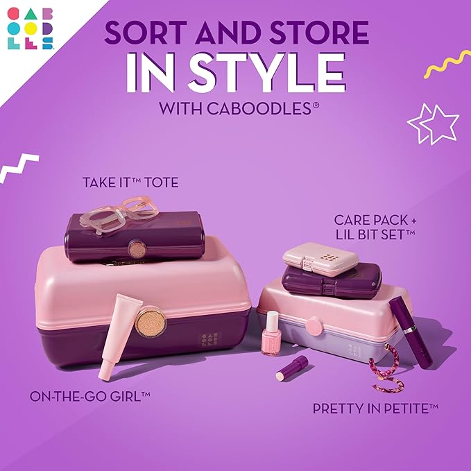 Caboodles On-The-Go Girl Makeup Box, Purple Sparkle, Hard Plastic Makeup Organizer Box, Built-In Mirror, Secure Latch for Safe Travel, Spacious Storage for Large Items