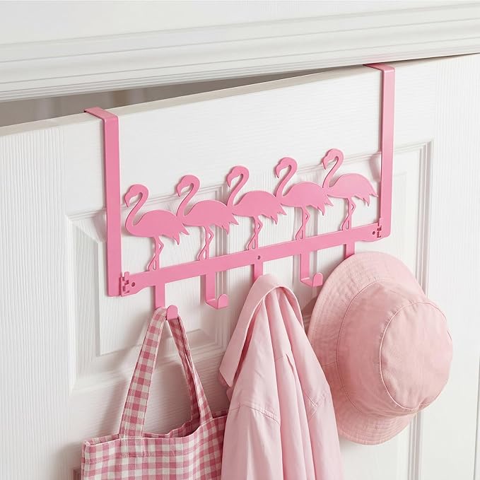 AceOrbit Pink Flamingos Over the Door Hooks Hanger Wall Mount Towel Hanger Door Holder Organizer 5 Hooks Farmhouse Rustic Kawaii Decor for Bedroom Bathroom Towel Hat Clothes