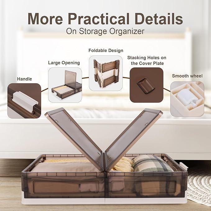 Plastic Under Bed Storage 58QT/14.5Gal Flat Underbed Storage Containers with Lid and 8 Rolling Wheels Folding Stackable Under Bed Organizer Boxes for Clothing Blanket Shoes Books,1 Pcs