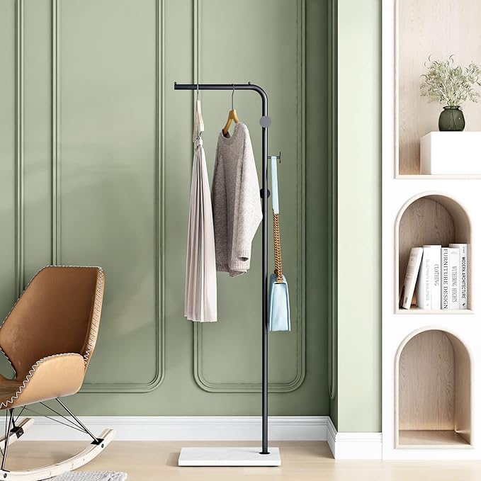 DOORXIFO Black Coat Racks with White Base, Entryway Coats Racks Freestanding with 3 Hooks, L Shape Home Coat Hanger for Jackets, Coats, Hats, Clothes