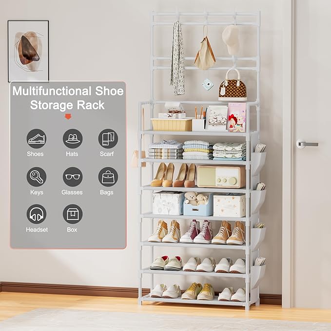 OYREL Shoe Rack 7 Tier Shoe Organizer Storage 21-28 Pairs Closet Shoes Rack for Front Door Entrance Shoe Rack Organizer with Hooks Side Pocket Entryway Large Capacity Shoe Shelf Tower Garage